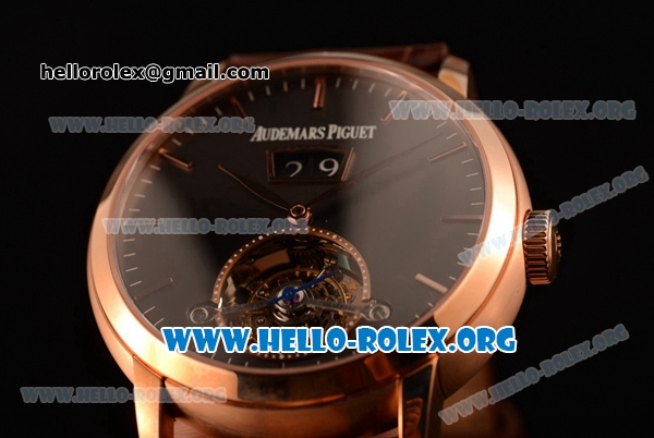 Audemars Piguet Jules Audemars Tourbillon Grande Date Swiss Tourbillon Manual Winding Rose Gold Case with Black Dial and Brown Leather Strap (TF) - Click Image to Close